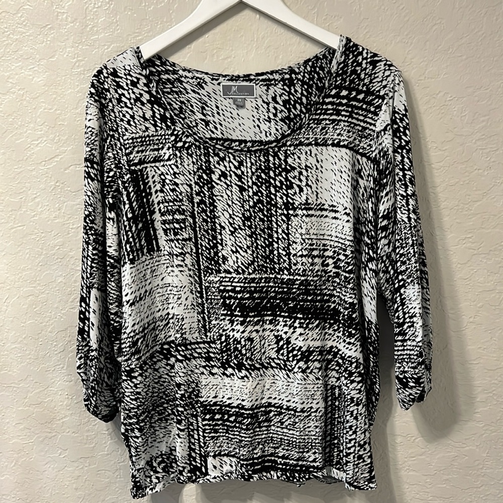 JM Collection | Black and White Grid Print 3/4 Sleeve Top